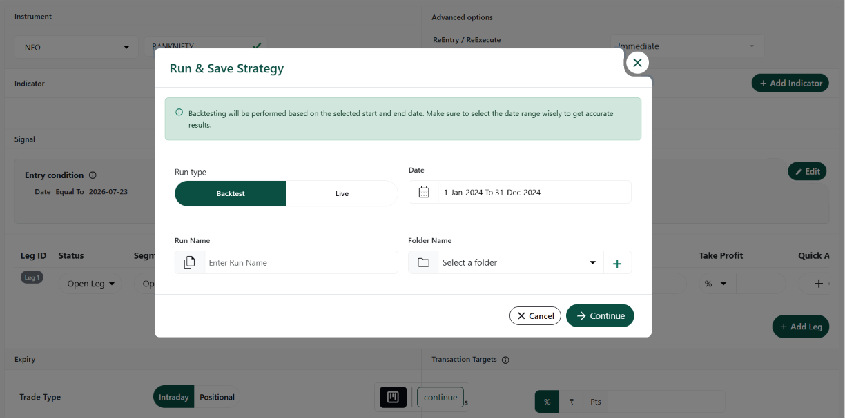 Run and Save Strategy Parameter Configuration Popup Window