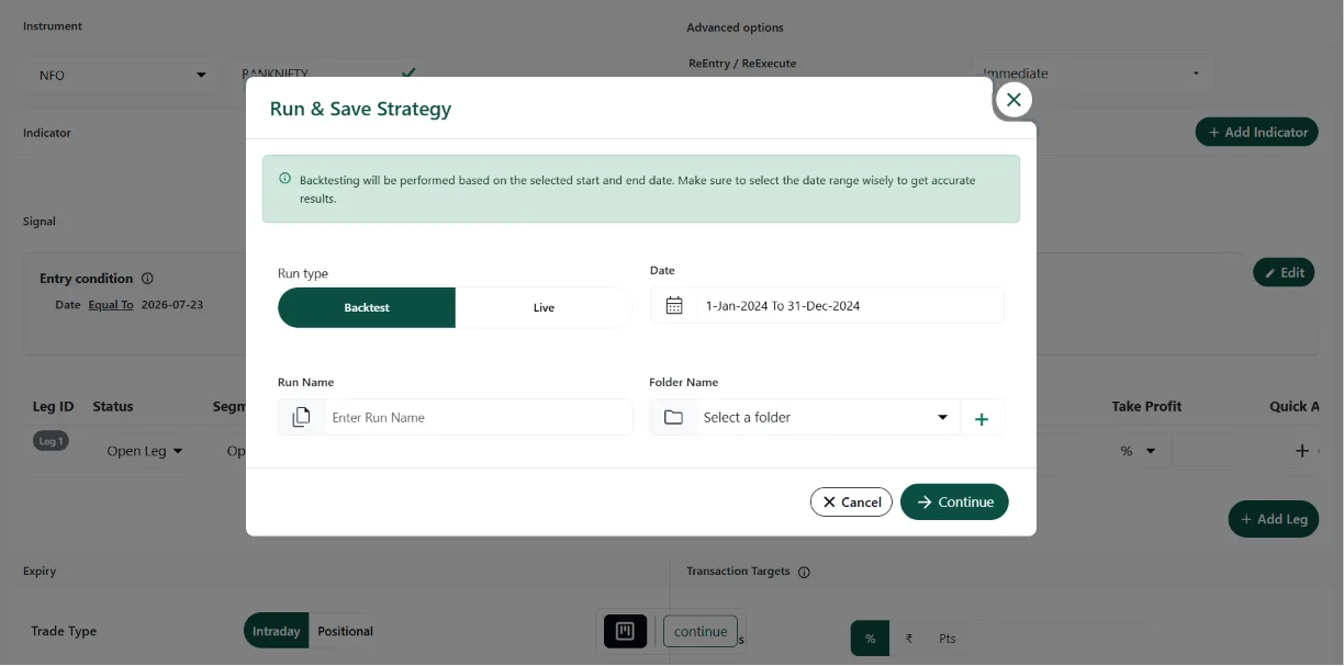 Run and Save Strategy Parameter Configuration Popup Window