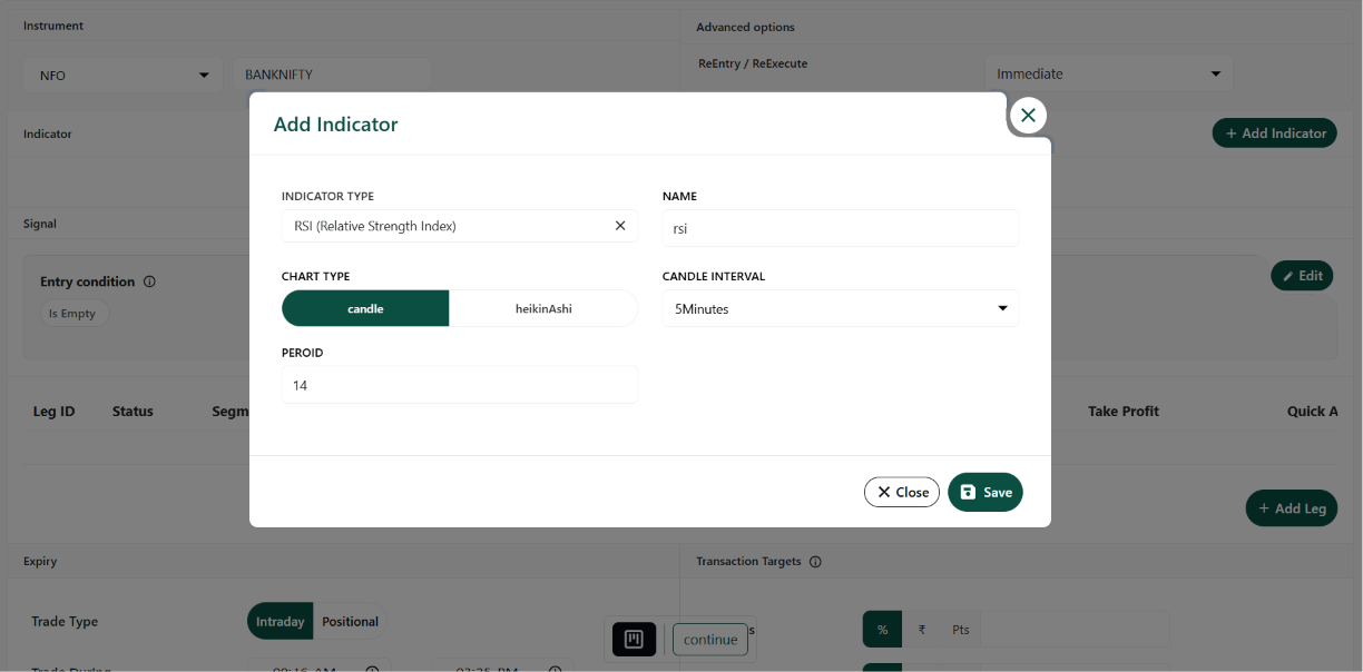 Add Indicator Configuration Modal Interface