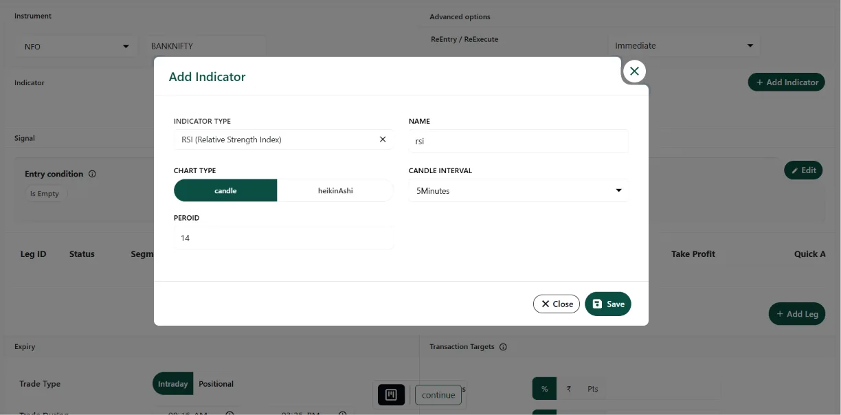 Add Indicator Configuration Modal Interface